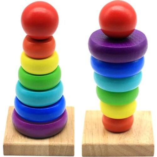 Kids Toddler Toy Rainbow Wooden Color Number Cognition Ring Tower Stacker Gift