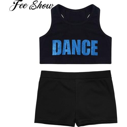 Kids Girls Clothes Sets Tracksuit 2PCS Outfits Sleeveless Shiny Letters DANCE Printed Crop Top with Boy-cut Low Rise Shorts