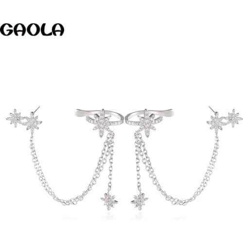 GAOLA 18k Gold-plated Earrings Oblique Chain Earrings Hexagon Star Pendant Ladies Clip Earrings Female Summer Long Fringe Charm