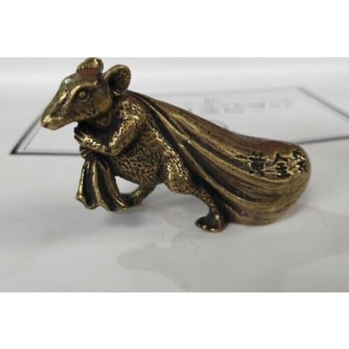 Chinas archaize brass Rat pull bags wealth Small statue 6cm