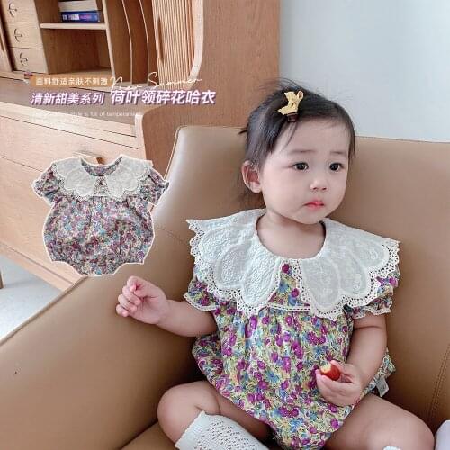 Summer Kids Rompers Toddler Girls Korean Lace Lapel Floral Bodysuits Baby Infant Girls Birthday Party Clothes Kids One-Pieces