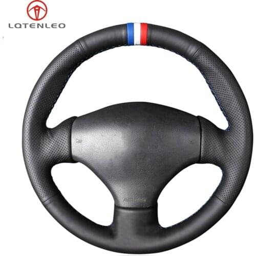 LQTENLEO Black Genuine Leather Car Steering Wheel Cover For Peugeot 206 1998-2005 206 SW 2003 2004 2005 206 CC 2004 2005