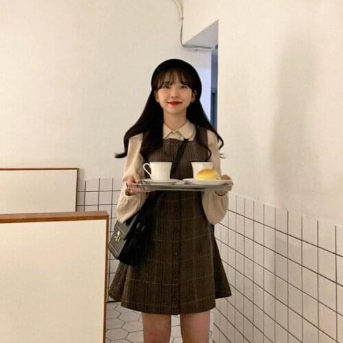 Sweet sister small suit arty apricot long-sleeved shirt short gridded vest dress two-piece set autumn new