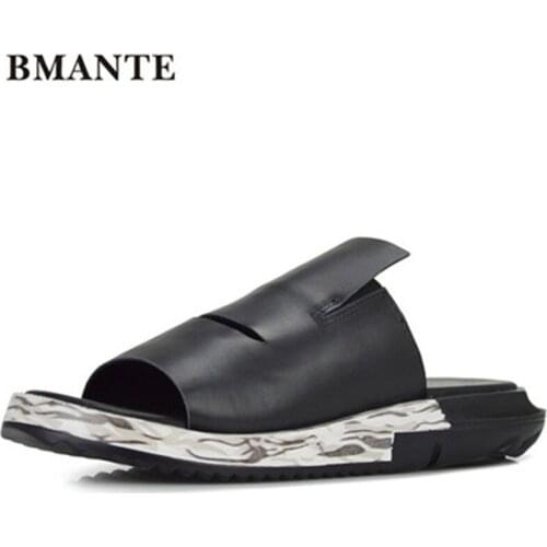 Bmante Genuine Leather Men Sandals Beach Slip-On Solid Rome Casual Slippers Outside Flip Flops Summer Men Shoes Flat Slides