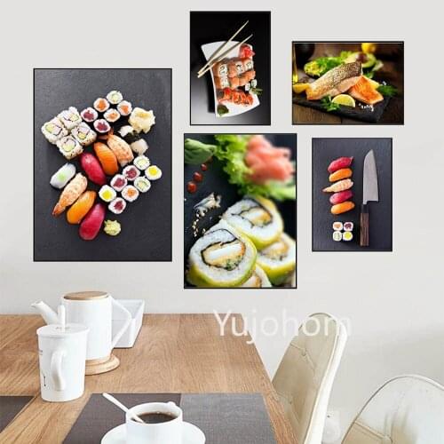 Appetizing Sushi Set Canvas Painting Deliciou Sushi In Black Background Wall Art Poster for Living Room Decor Restaurant Kitchen