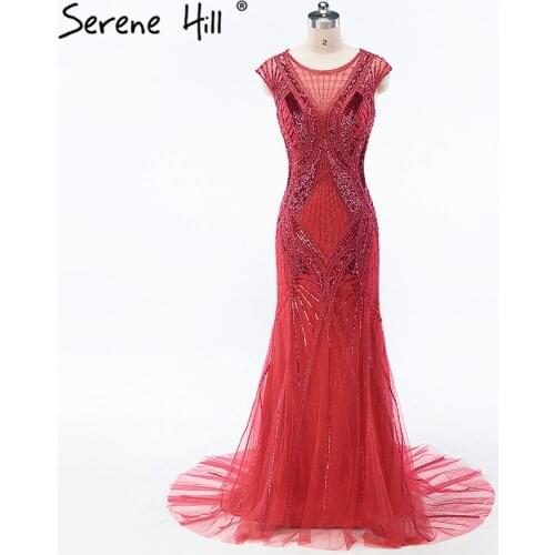 Real Photo Red Mermaid Tulle Evening Gowm Beading Sequined Elegant Fashion Long Evening Dresses 2020 Serene Hill LA6058