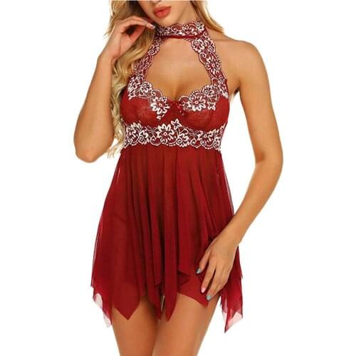 Flower Embroidery Nightdress Women Sexy Nightwear See Through Lace Mesh Night Dress Backless Halter Mini Dresses Lenceria Mujer