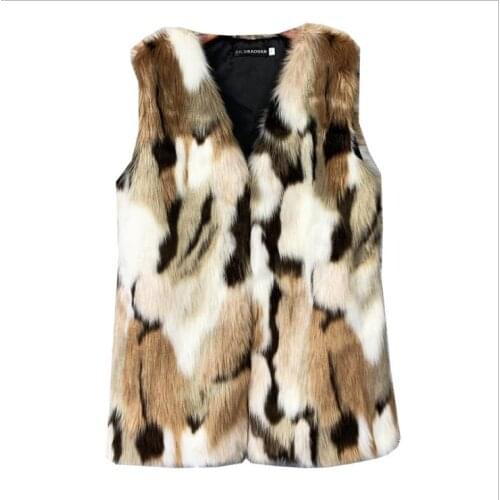 Newest Soft Womens Camouflage Fake Fur Vests Warm Winter Autumn Imitation Fur Waistcoats V Neck Pacchwork Vest Coats J3398