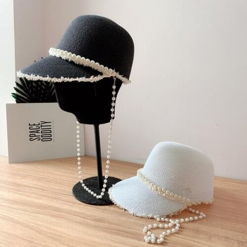 New Summer Hats For Women Wide Brim Peral Chain Sun Visors Straw Equestrian Caps Beach Cowboy Baseball Cap Gorras Para Mujer