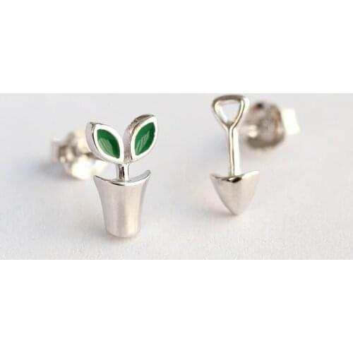 New Fashion Creative Cute Mini Pot Plant Shovel Stud Earring for Women Asymmetric Earrings
