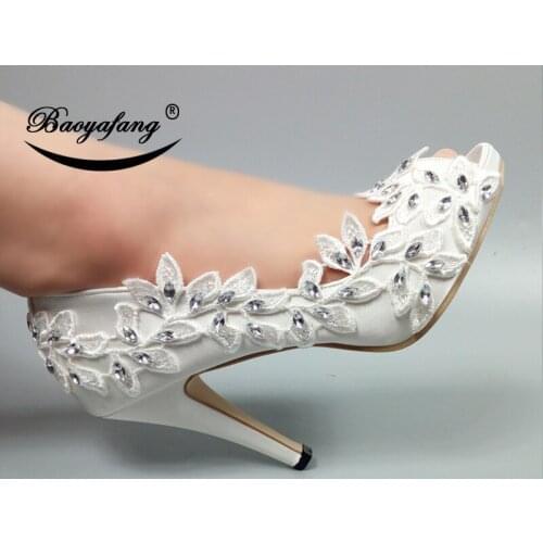 BaoYaFang White Lace Wedding shoes Bride High heels Open toe Crystal Pumps fashion shoes Bride dress shoe Open Toe