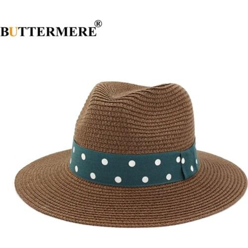 BUTTERMERE Vintage Panama Hat Women Straw Fedora Female Sunhat Summer Beach Sun Visor Cap Chapeau Dot Jazz Trilby Cap Sombrero