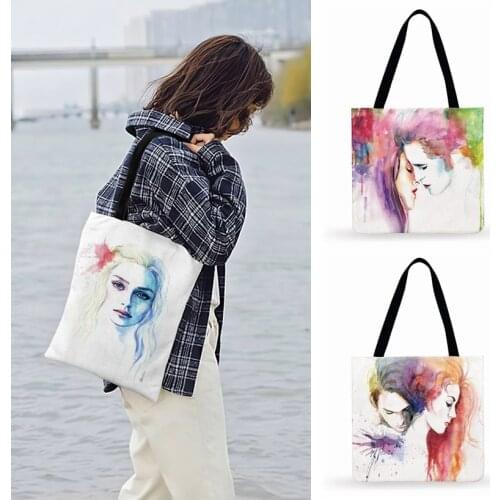 Ladies Shoulder Bag Watercolor Art Figures Painting Print Tote Bag For Women Casual Tote Fashion Beach Bag Foldable Shopping Bag