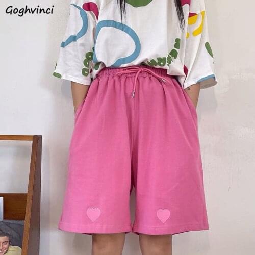 Shorts Women Loose Harajuku Lovely Heart Embroidery Sweet Teens Trousers Elastic High Waist Street Casual Running Solid Mujer