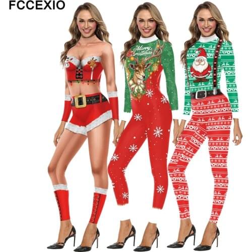 FCCEXIO XMAS 3D Print Women Jumpsuit Carnival Fancy Party Cosplay Costume Bodysuit Adults Happy Christmas Onesie Outfits