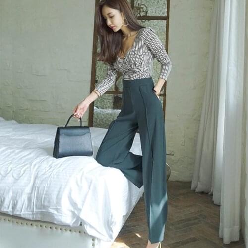 Fashion sexy v-neck basic t-shirt new arrival elegant wide leg long pant 2 pieces high quality work style holiday women set