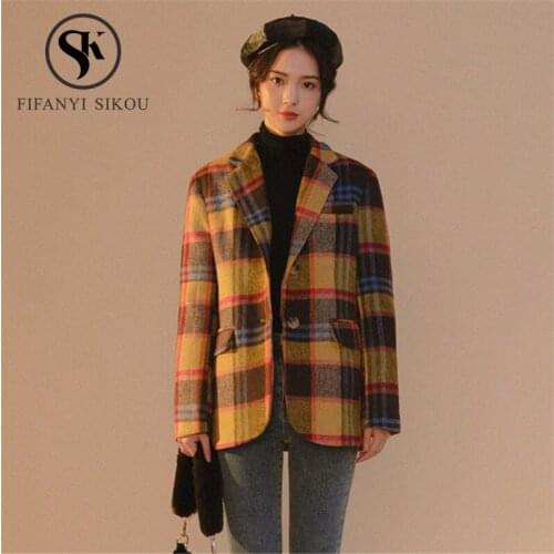 Woolen Blazer Women Autumn Winter Warm Casual Formal Blazers Coat Lady Fashion Suit Jackets Female Vintage Plaid Blazer Jacket