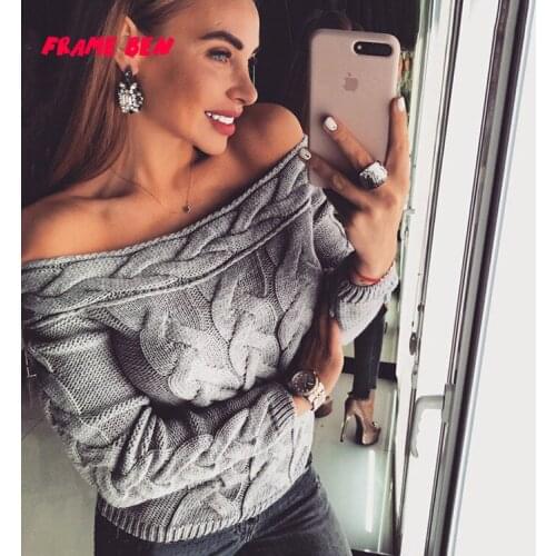 FRAME BEN Autumn Winter Women Slash Neck Sweater Loose Casual Pullover Women New Sexy Oversized Knitted Sweaters