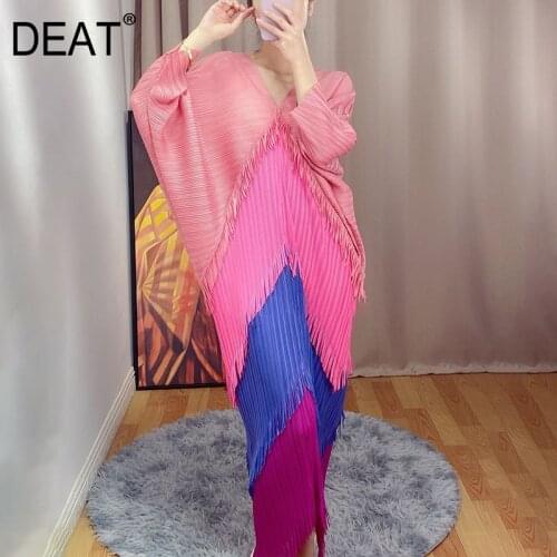 DEAT Pleated Dress Woman Hit Color Tassel Batwing Sleeve Loose Casual Style V Collar Long Slim 2021 New Summer Fashion 15HT036