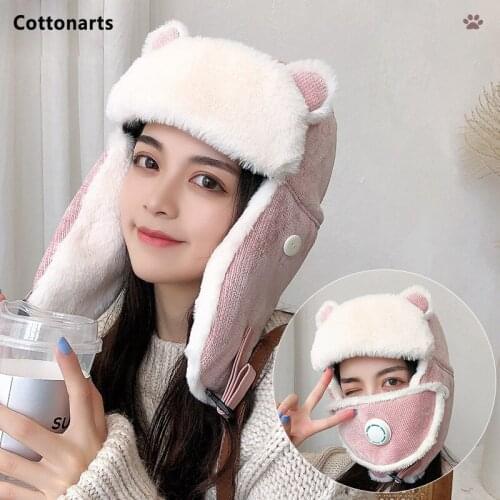 Winter Women Warm Thicken Breathable Ski Masks Bomber Hat Cute Cat Ears Bonnet Girl Outdoor Russia Corduroy Earflap Gorro Ruso