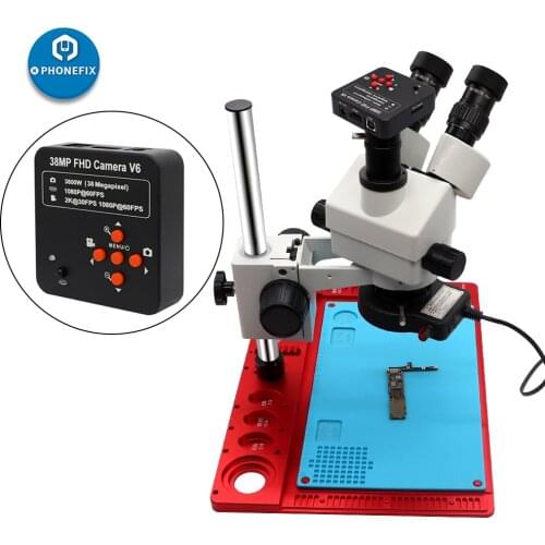 3.5X-90X Simul-Focal Trinocular Stereo Microscope 38MP HDMI Video Camera with Aluminum Work Pad for Phone PCB Chip Solder Repair