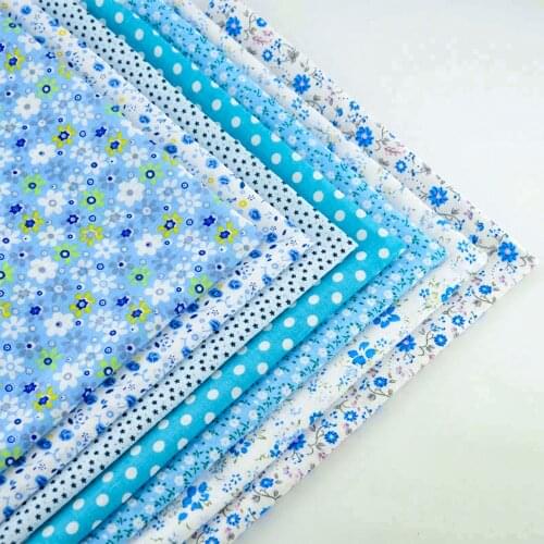 Booksew 100% Cotton Fabric 7pcs Mix Light Blue Print Lovely Flowers Dots Square Bundle for Table Cloth DIY Dolls Handmade