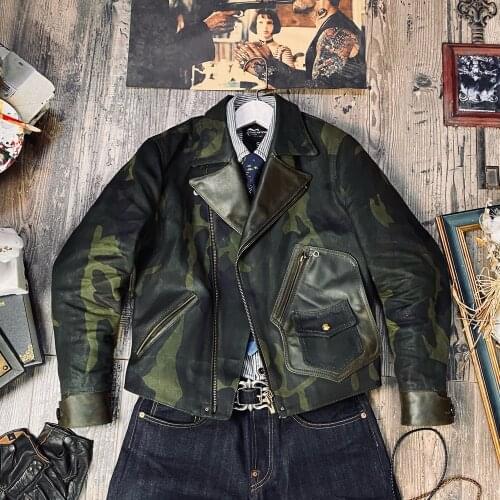 CD758 Read Description! Asian Size Super Top Quality Genuine Italian Leather & 22oz Raw Denim Slim Classic Stylish Camo Jacket