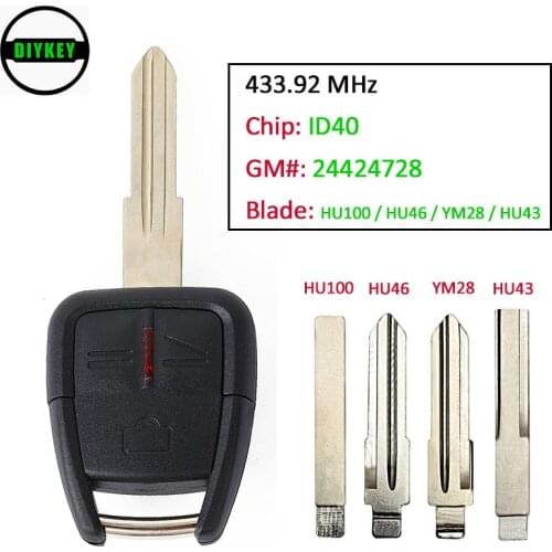 DIYKEY Remote Car Key Fob 3 Button 433.92MHz ID40 Chip for Opel Vauxhall,GM# 24424728 , HU43, YM28, HU46 , HU100 Blade