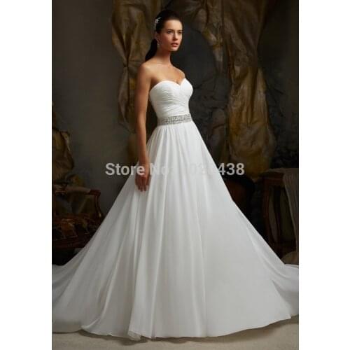 Elegant White Aline Chiffon Wedding Dresses Sweetheart Backless Sweep Train Bridal Gown Dress Vestido De Noiva Custom Made 2015