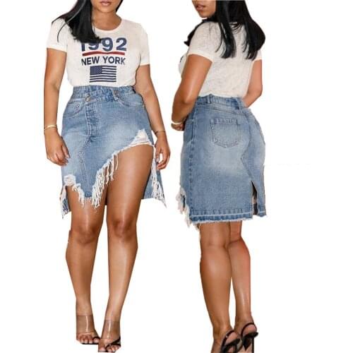 European and American womens summer fashion all-match trend hole elastic asymmetrical hip skirt skirt skirt denim skirt
