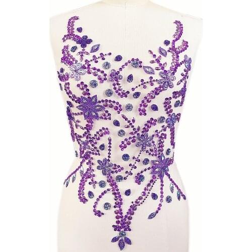 GOOD Supplier 36x54cm Purple Beaded Sequin Diy Sew on Rhinestone Patches Appliques Motif For Robe Dress Clothes Hot Fix Ceremony