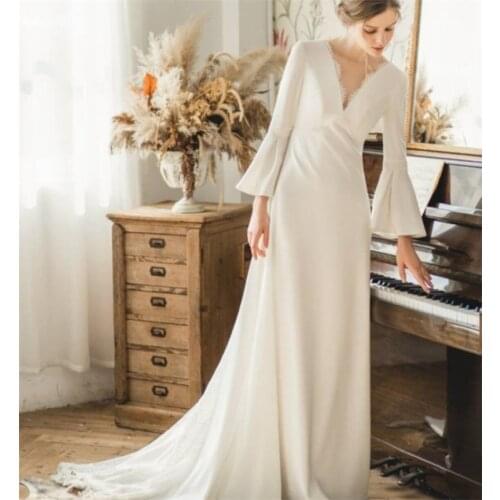 Classic Long Sleeve Bridal Outfit A-Line Boho Wedding Dress Satin Lace Sweep Train Bridal Gowns vestidos de mairee Wedding Dress