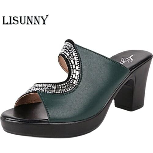 LISUNNY 2021 Fashion Peep Toe High Heels Shoes Women Slippers Leather Luxury Designer Ladies Street Beach Sandals Slides Shoes