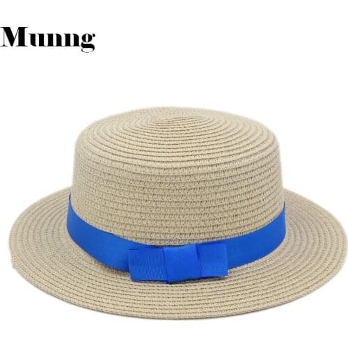 Munng Summer Women Straw Bowler Boater Round Flat Cap Beach Sun Cap Blue Ribbon