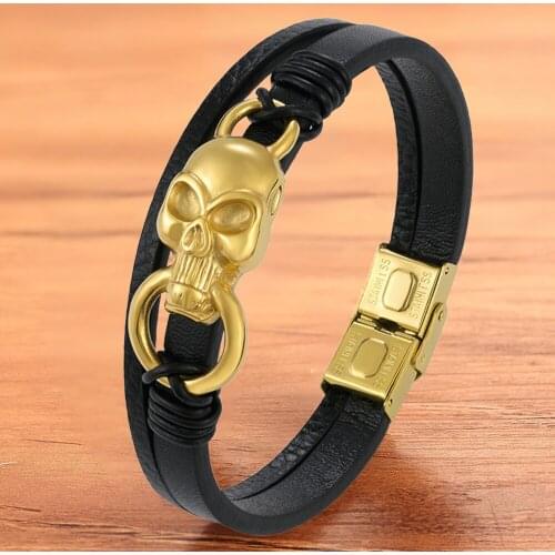 Punk Rock Braided Rope Stainless Steel Men Rope Black Gold Skull Bracelet Men Magnet Hip hop Accessories Bangles Jewelry