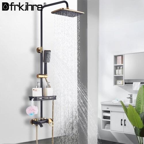Bathroom Shower Faucet Set Rainfall Shower Set With shelf Black Gold Brass Wall Mounted Swivel Tub Spout Hot Cold Mixer Tap