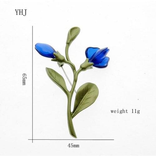 YHJ New Vintage Brooch Acrylic crystal Blue color gold bells flower leaves branches Brooch pin Scarf Jewelry