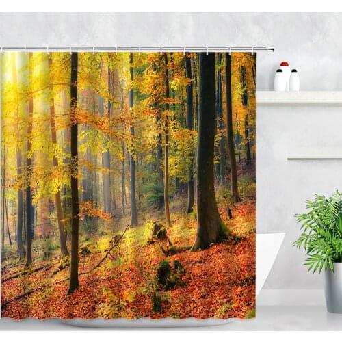 Autumn Forest Landscape Shower Curtains Yellow Red Maple Leaves Trees Natural Scenery Wall Decor Bathroom Waterproof Curtain Set