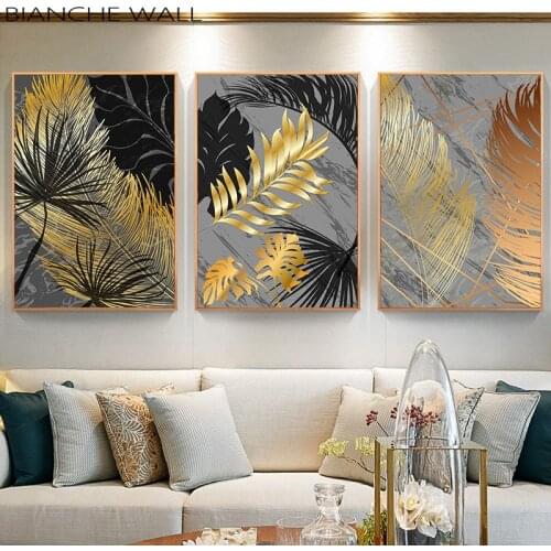 Scandinavian Style Poster Marble Golden Leaf Art Plant Abstract Painting Living Room Decoration Pictures Nordic Decoration