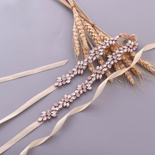 ZMS437-RG Rose Gold Bridal Belt Party Rhinstone Beaded Formal Gown Wedding Dresses Belt Brides Accessories Rhinestone Applique