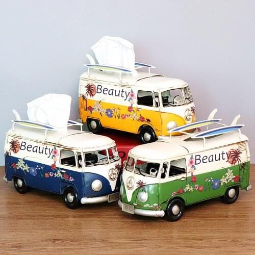 Retro Flower Bus Model Figurines Tissue Box Car Tissue Dustproof Tissue Iron Storage Box For Office Home Decoration Art Crafts