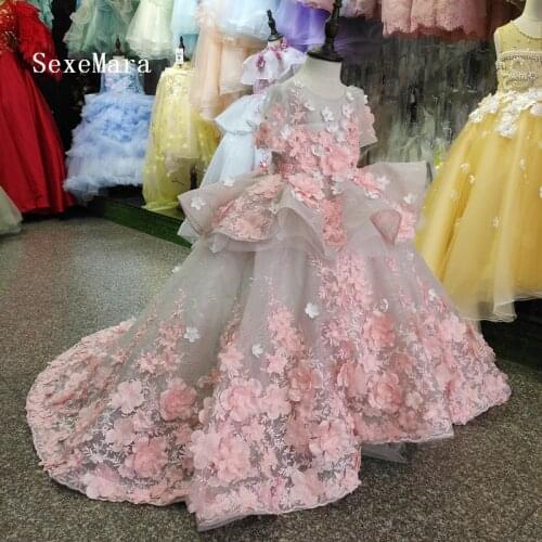 Real Picture Flower Girl Dresses Ball Gowns 3D Flowers Applique Lace Princess Pageant Dresses Children Birthday Party Clothes