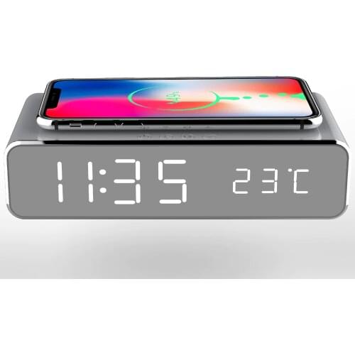 LED Electric HD Mirror Alarm Clock Digital Thermometer Time Temperature Display with Phone Wireless Charger