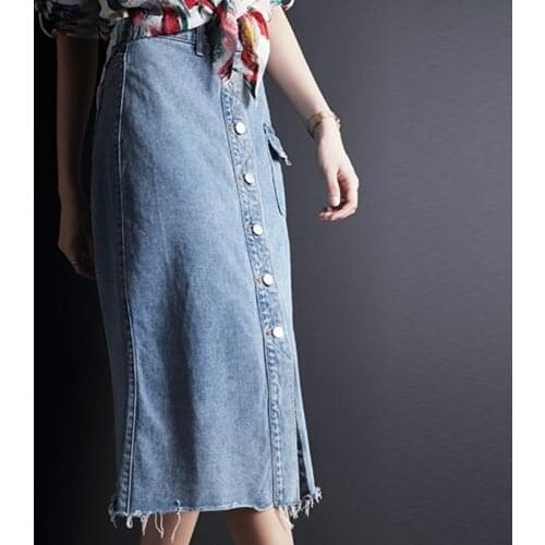 High Waist Single Breasted Pockets Tassel Ladies Denim Skirts Spring Summer Slim Fit Knee Length Female A-Line Skirts Plus Size