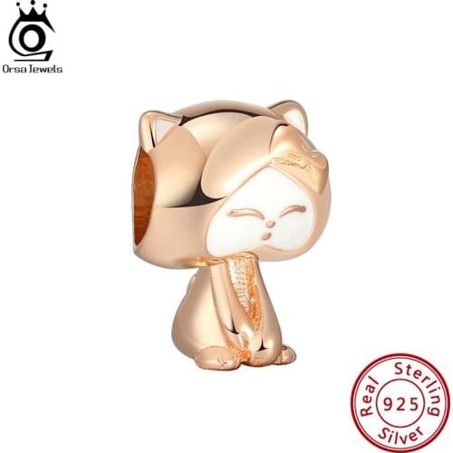ORSA JEWELS Cute Cat Kitty Beads 925 Sterling Silver Enamel Animal Charms Pendant Fit DIY Bracelet Necklace Women Jewelry CB05