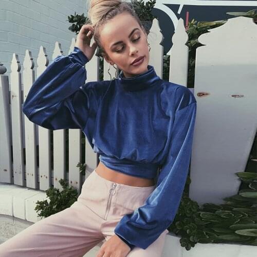 Velvet Sweatshirt Women Autumn Winter 2021 Streetwear Long Sleeve Turtleneck Pullover Cropped Hoodie Woman Red Blue Loose Tops