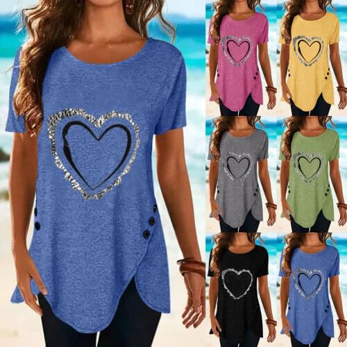 European and American New Women T Shirt Love Printing Irregular Short Sleeved Button T-shirt