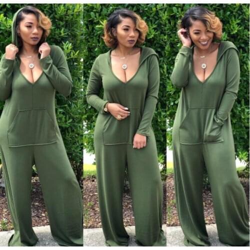 Autumn Fashion Women Jumpsuits Solid Color V Neck Long Sleeve Loose Casual Hooded Pocket Jumpsuit Wide Leg Pants