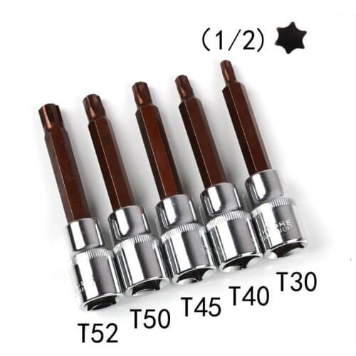 5pcs/set 1/2" Torx Screwdriver Bit Set Drive Socket Head Screwdriver CR-V Material Hand Tool T30 T40 T45 T50 T52 100mm length
