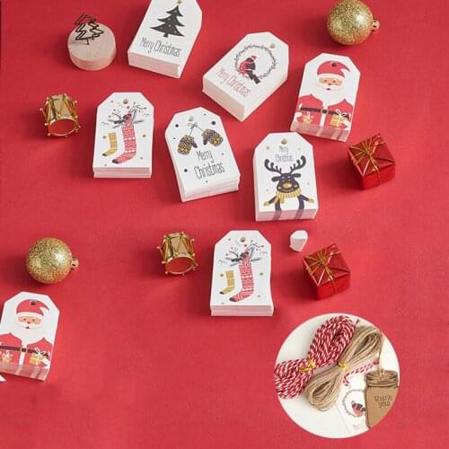 50pcs Christmas Tags With Hemp Rope Santa Claus Paper Card Label Handmade DIY New Year Xmas Party Decor Gifts Wrapping Supplies
